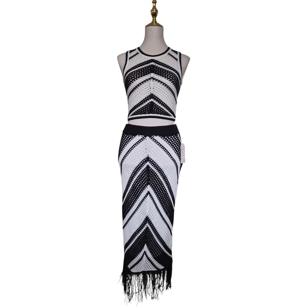 Willow & Wind Black Ivory Crochet Knit Two Piece Set M Crop Top Midi Skirt Fring